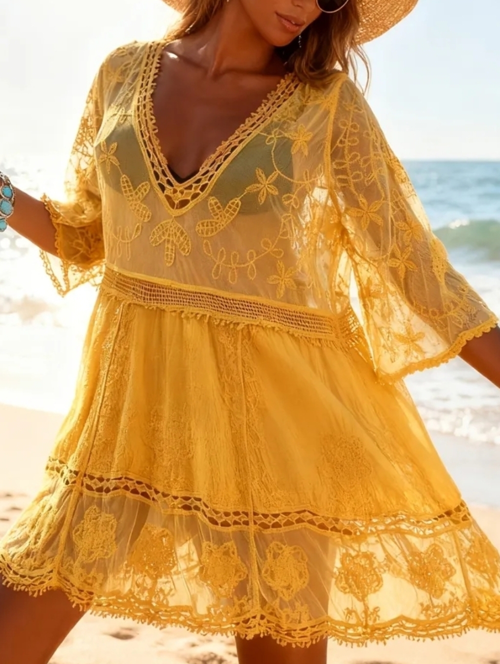 NEW Boho Embroidered Lace Cover Up Tunic Top Dress Sheer Mesh Floral Yellow - Picture 3 of 8